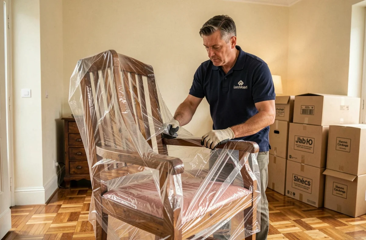 Déménageur professionnel d'A Lau Déménagements emballant soigneusement un fauteuil dans un appartement corrézien