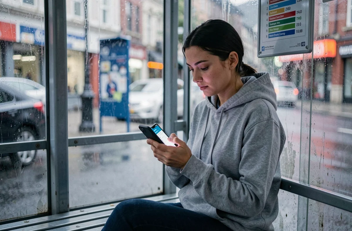 Jeune femme assise dans un abribus consultant une alerte de suppression sur son téléphone pour le bus 235