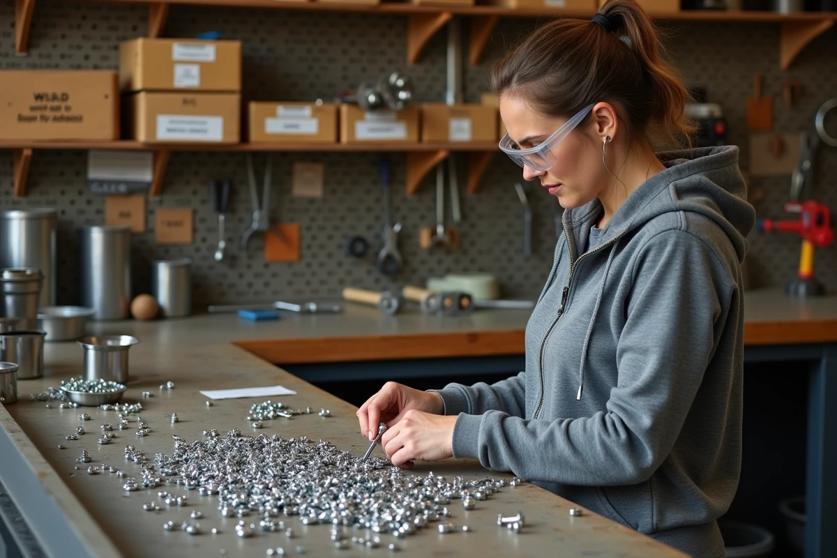 Femme bricoleure triant des vis et écrous en inox en vrac dans une petite quincaillerie indépendante