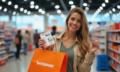 Client souriant tenant des bons vacances français dans un magasin de sport