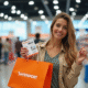 Client souriant tenant des bons vacances français dans un magasin de sport