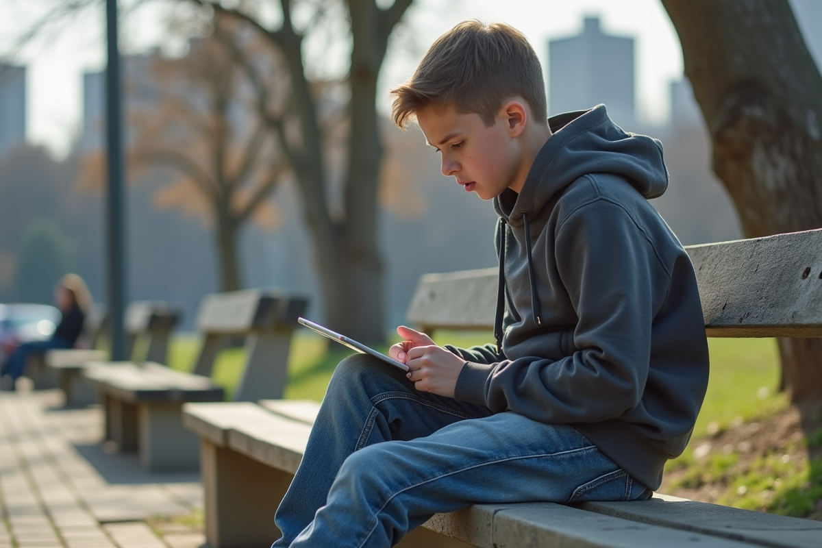 Adolescent assis sur un banc dans un parc urbain