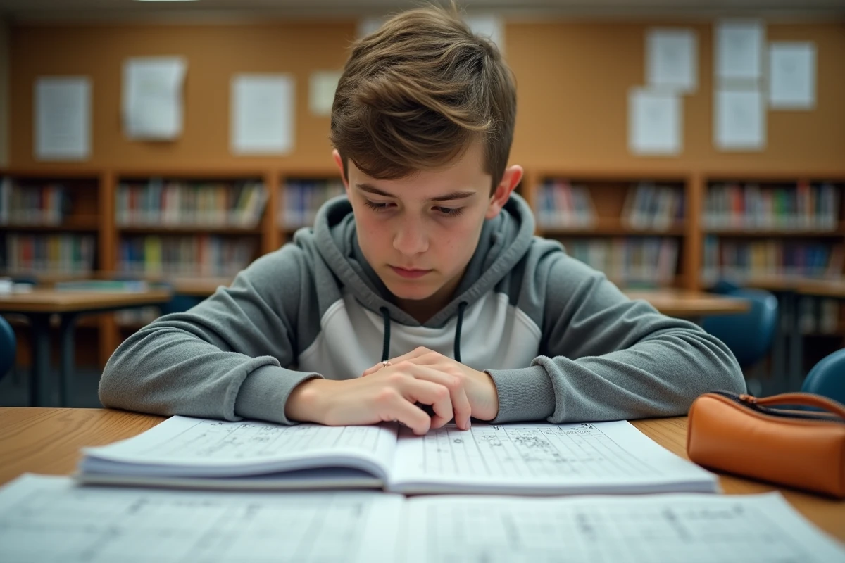 Adolescent studieux s'entraînant sur des grilles de sudoku et des exercices logiques dans une bibliothèque scolaire pour progresser en QI