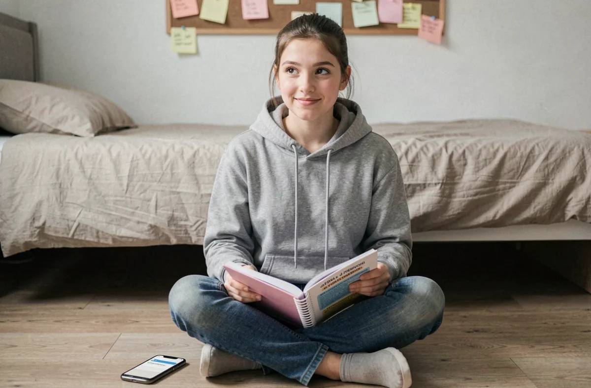 Adolescente assise sur le sol de sa chambre consultant un cahier de grammaire et son téléphone pour comprendre la règle je t'envoie