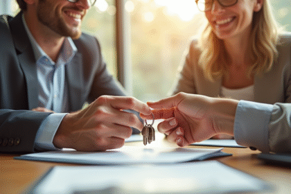 Agent immobilier souriant avec clients signant documents