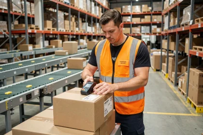 Agent logistique scannant un colis sur un tapis roulant dans un centre de tri de grande envergure