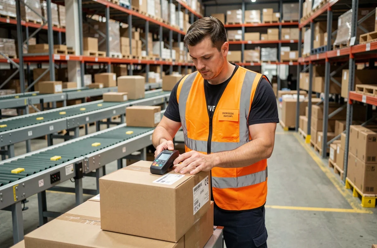 Agent logistique scannant un colis sur un tapis roulant dans un centre de tri de grande envergure
