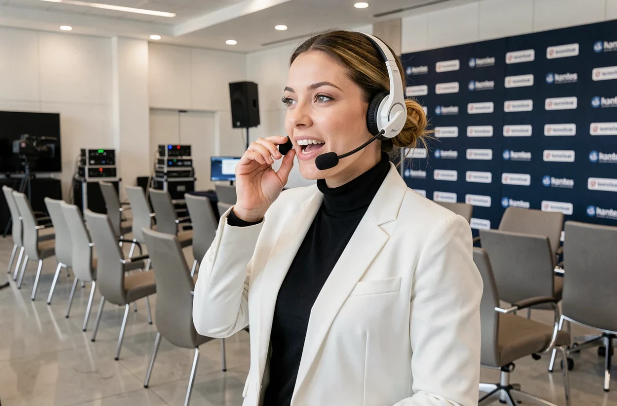Productrice événementielle d'Alive Events Nantes coordonnant un événement corporate en direct dans une salle moderne