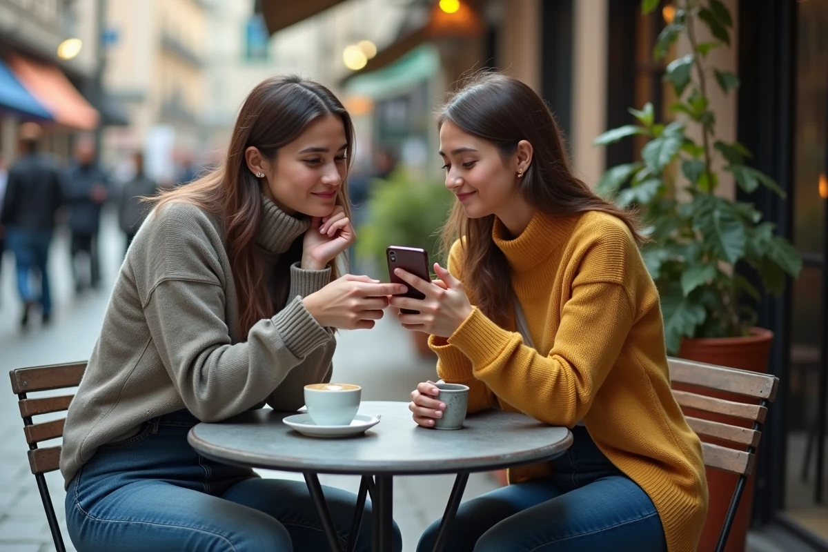 Deux amis sur une terrasse de café regardant ensemble des liens de dés gratuits Monopoly GO sur un smartphone