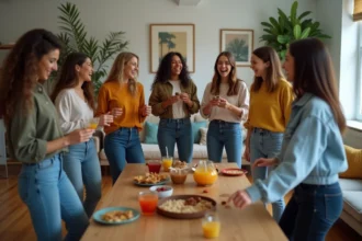 Groupe d'amis dansant dans un salon convivial