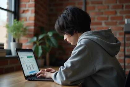Femme utilisant un ordinateur portable en préservant son anonymat sur Internet, vue de dos dans un bureau minimaliste