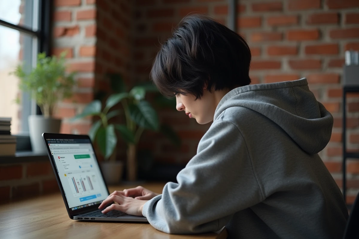 Femme utilisant un ordinateur portable en préservant son anonymat sur Internet, vue de dos dans un bureau minimaliste
