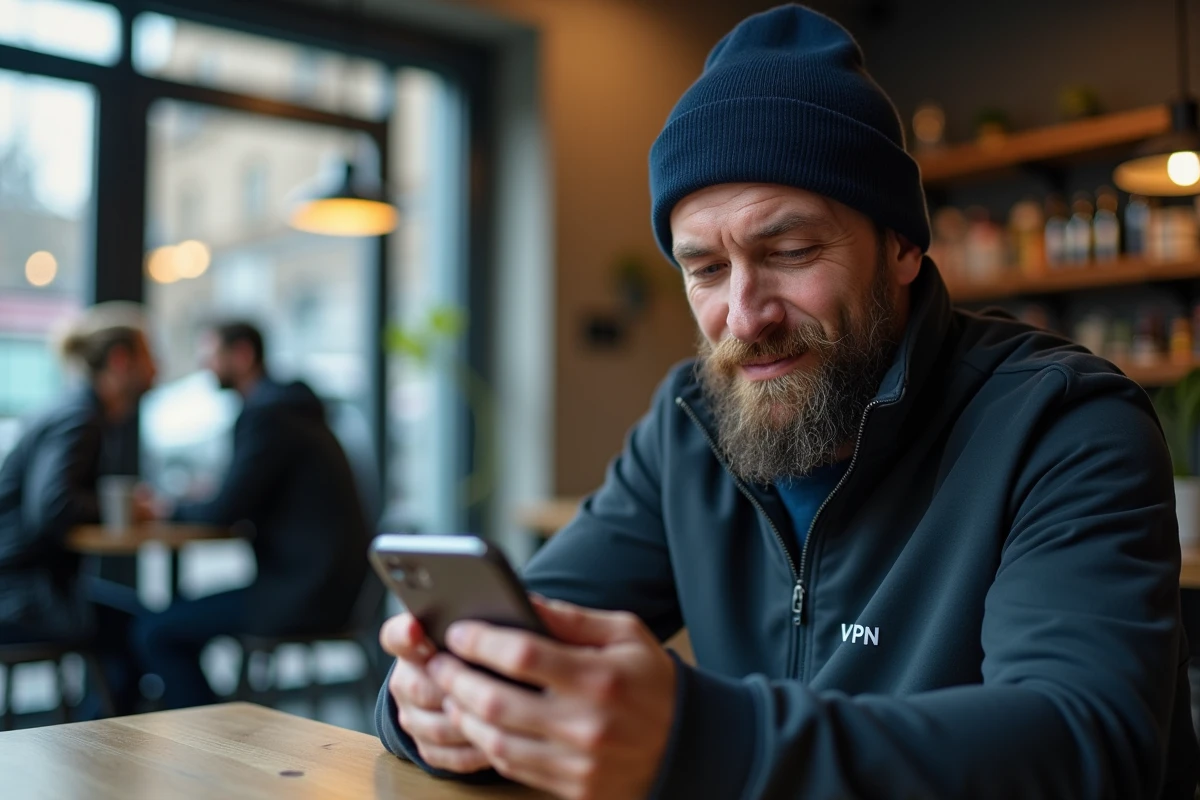 Homme utilisant un smartphone avec une application de confidentialité dans un café urbain, concept d'anonymat numérique