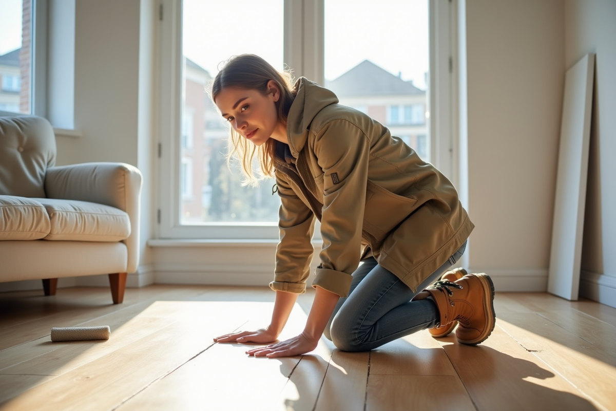 Jeune architecte vérifiant le sol en bois dans un salon lumineux
