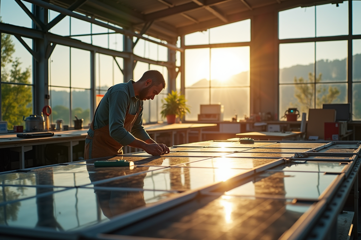 Artisan travaillant dans un atelier lumineux avec des cadres de panneaux solaires