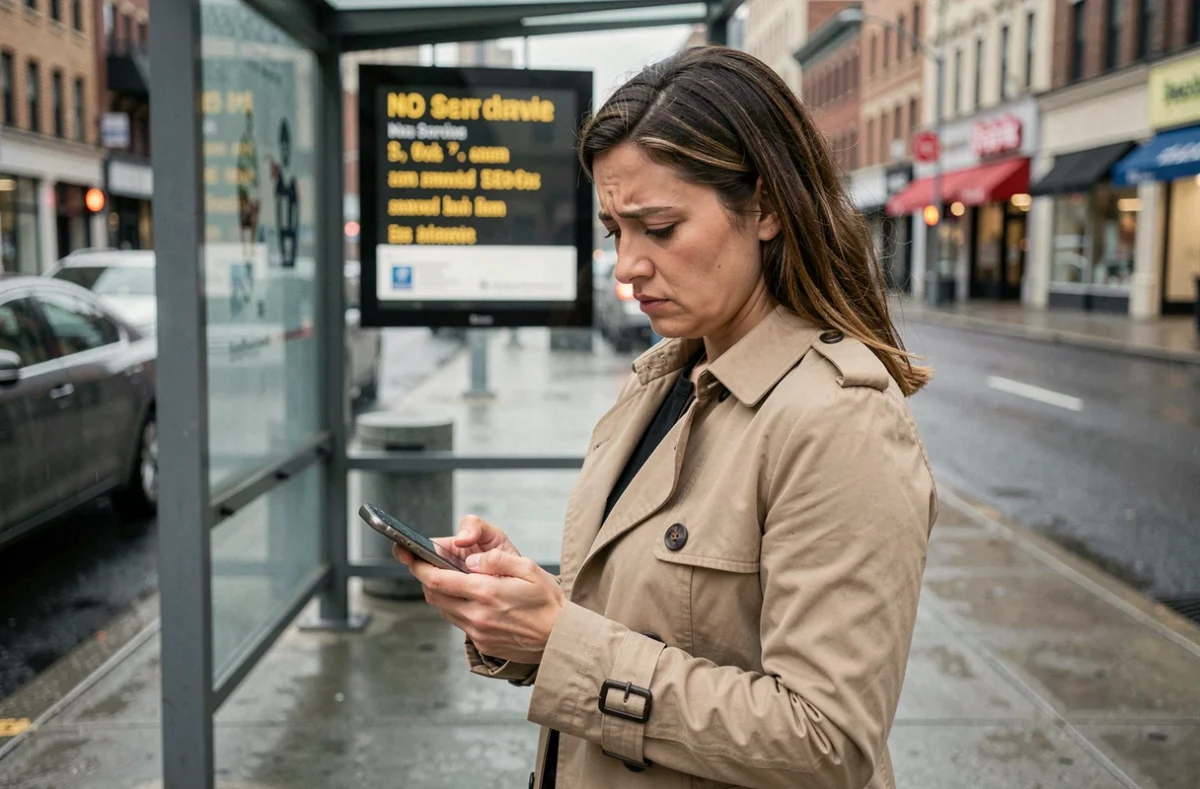 Femme frustrée vérifiant son téléphone à un arrêt de bus ligne 235 avec affichage hors service
