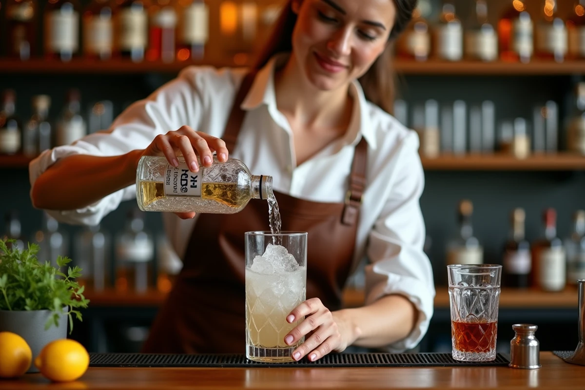 Barmaid versant du gin sec dans un verre mélangeur derrière un bar en bois avec des botaniques frais et des bouteilles ambrées