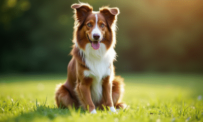 Australian Shepherd brun assis sur pelouse verte en plein soleil