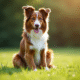 Australian Shepherd brun assis sur pelouse verte en plein soleil