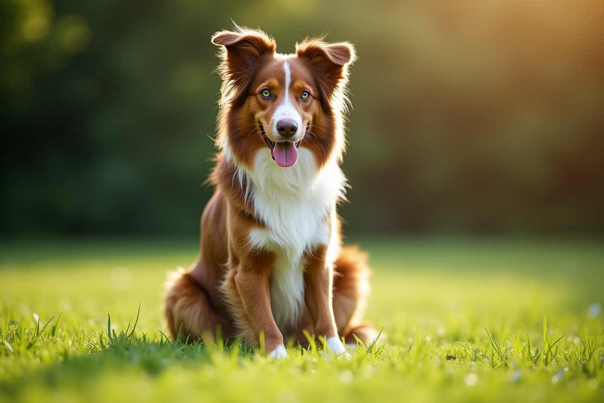 Australian Shepherd brun assis sur pelouse verte en plein soleil