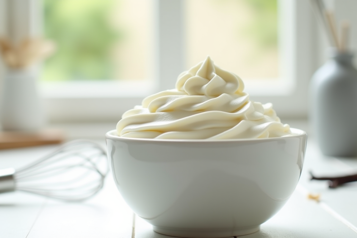 Bol de crème fouettée fraîche sur plan de travail blanc