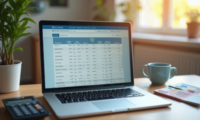 Espace de travail avec ordinateur et fiche de salaire
