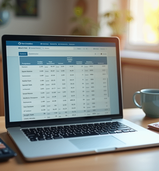 Espace de travail avec ordinateur et fiche de salaire