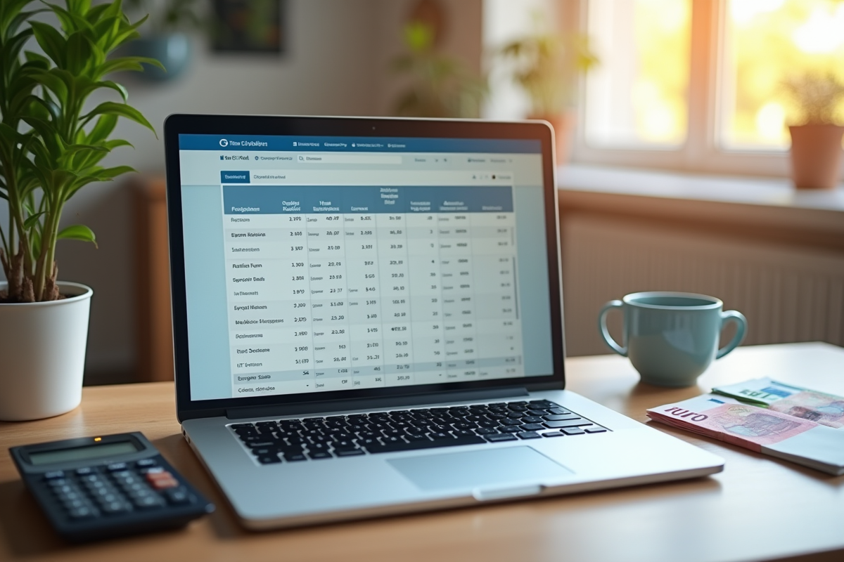 Espace de travail avec ordinateur et fiche de salaire