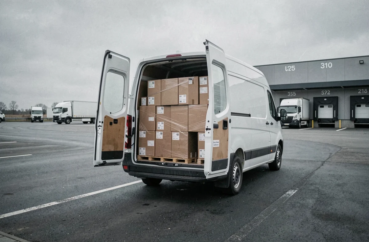 Camionnette de livraison chargée de colis sur le quai d'une plateforme logistique régionale