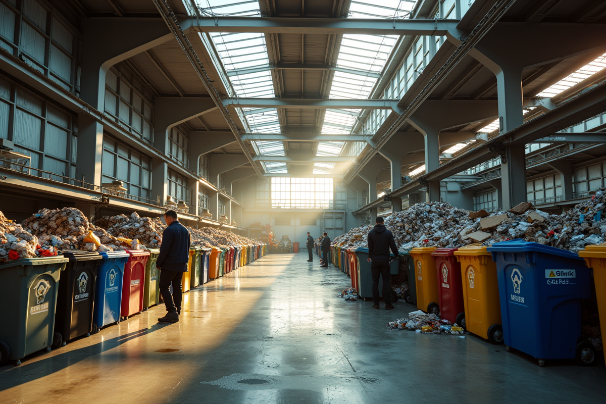 Centre de recyclage urbain avec bacs et machines modernes