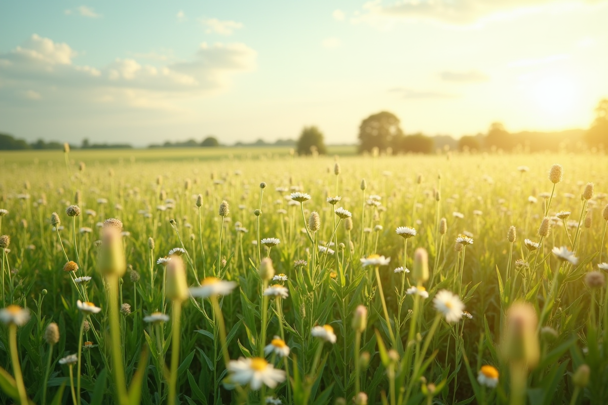 Champ rural avec fleurs sauvages après herbicides