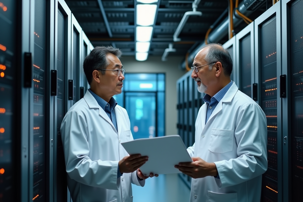 Deux hommes discutant devant un rack de circuits quantiques dans un laboratoire