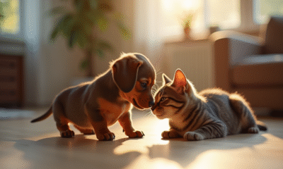Chiot dachshund joueux reniflant un chat calme en salon