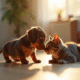 Chiot dachshund joueux reniflant un chat calme en salon