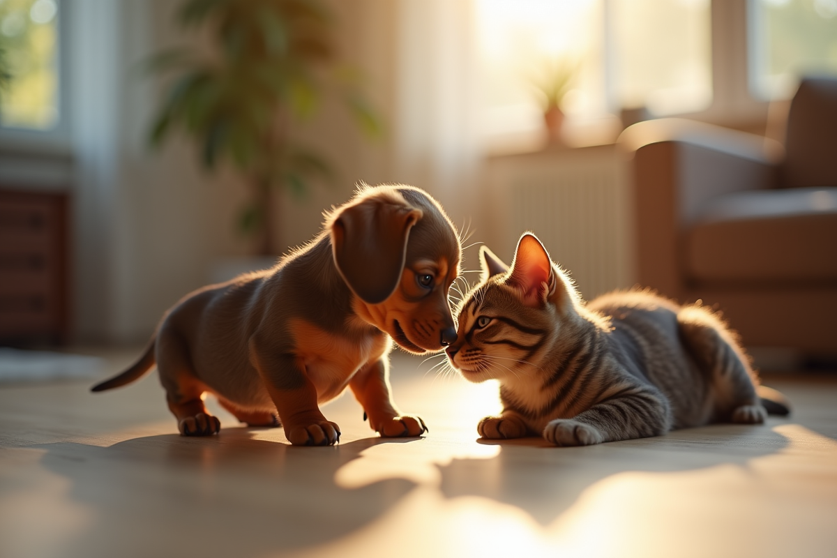 Chiot dachshund joueux reniflant un chat calme en salon