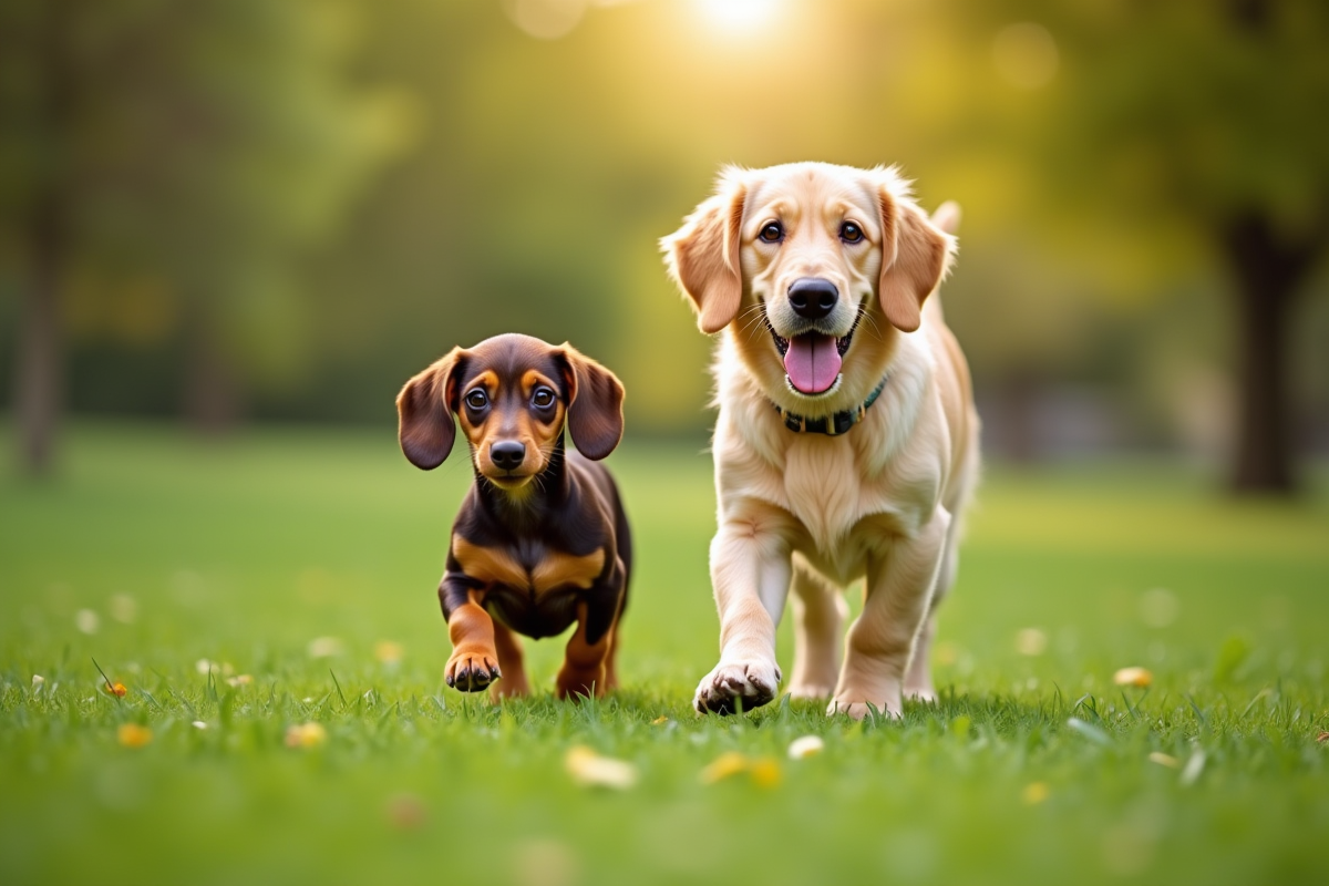 Chiot dachshund et retriever doré dans un parc en plein jour