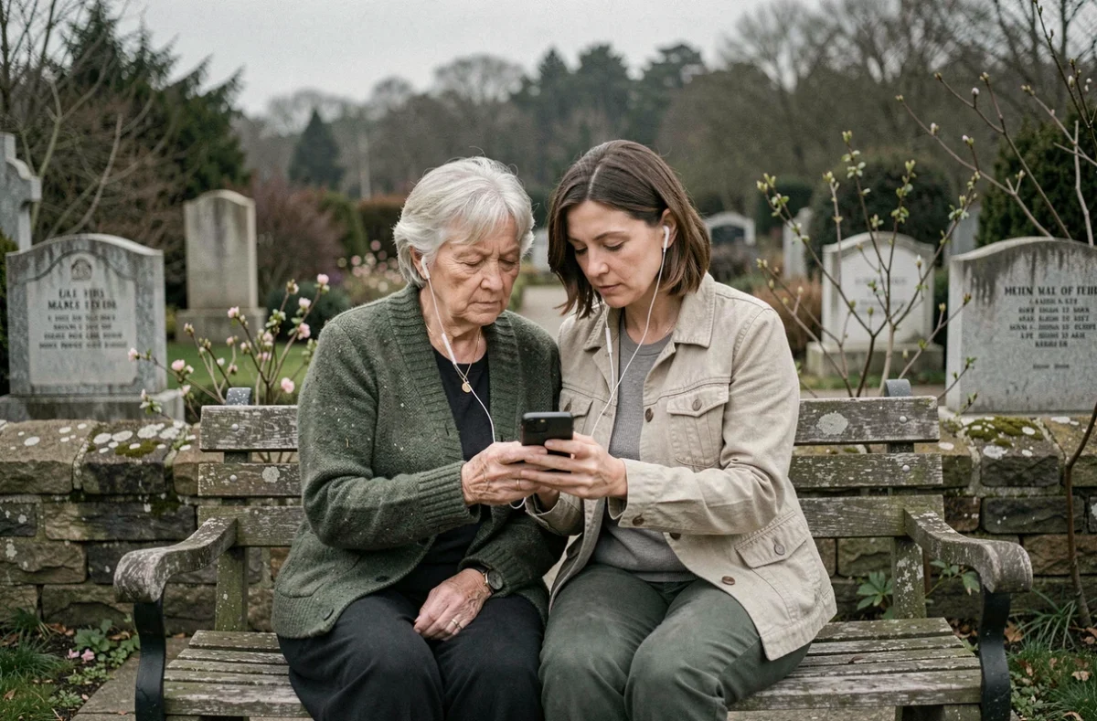 Deux femmes partageant des écouteurs dans un jardin de cimetière pour choisir ensemble une musique personnelle pour des funérailles