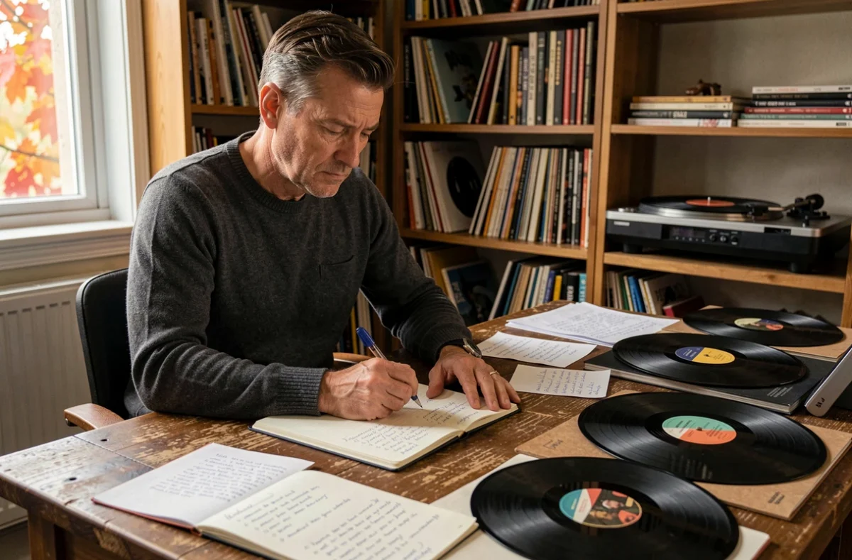 Homme écrivant une liste de musiques pour des funérailles à son bureau entouré de disques vinyles et de notes personnelles