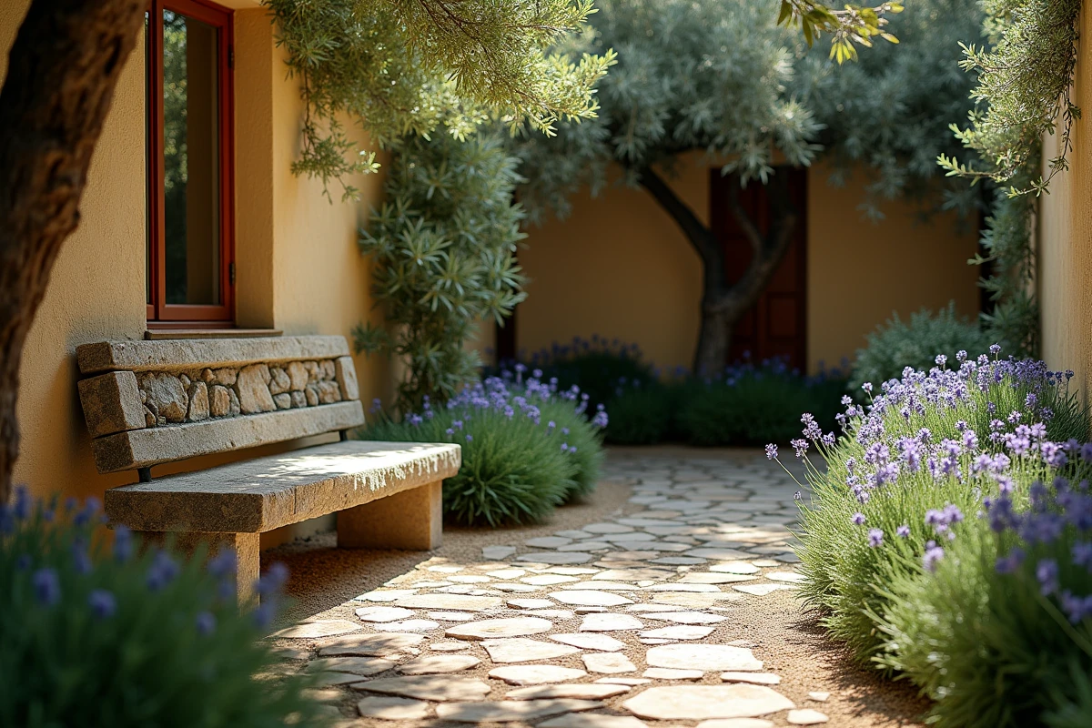 Coin de jardin provençal ombragé avec banc en pierre ancienne, olivier et dallage mixte en granit et schiste entouré de plantes méditerranéennes