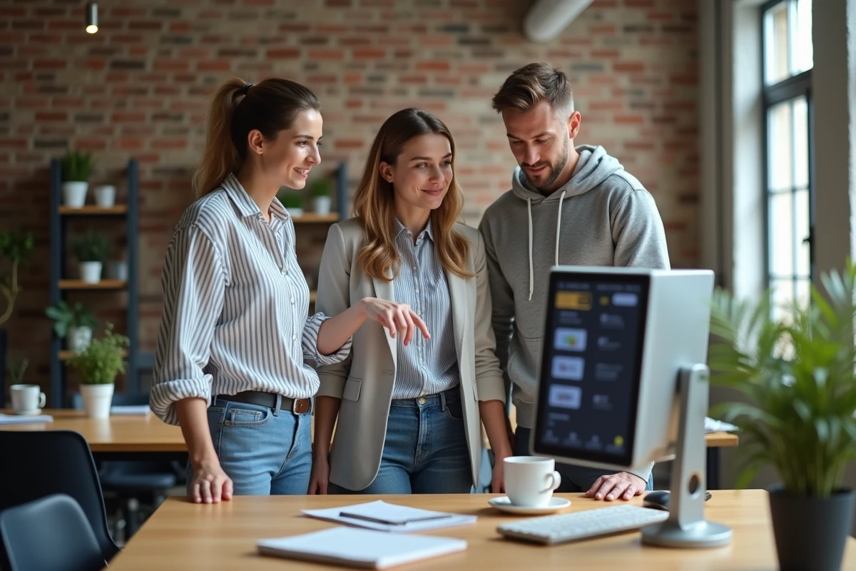 Trois collègues comparant une cybercarte animée et une carte vidéo de vœux sur un écran d'ordinateur dans un bureau collaboratif