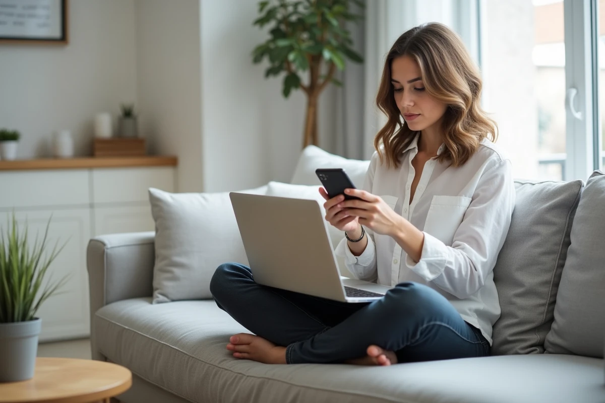 Jeune femme comparant des alternatives fiables à Niodle sur ordinateur portable et smartphone dans un salon moderne
