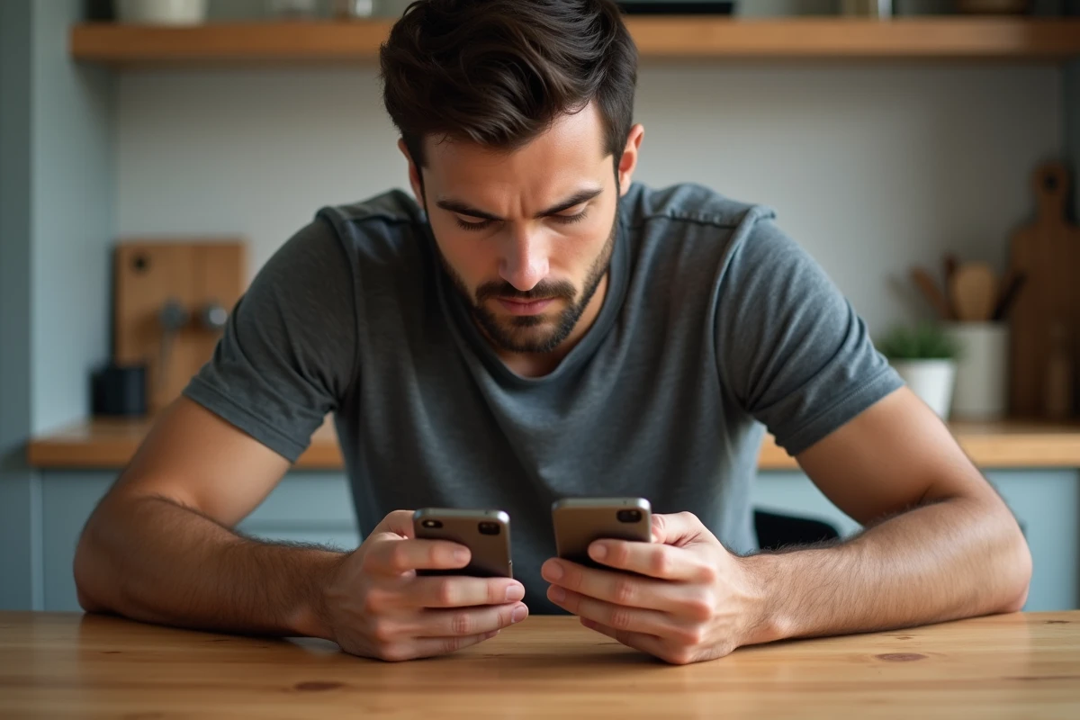 Homme comparant un numéro fixe en 05 et un numéro mobile en 06 sur deux téléphones posés sur une table de cuisine