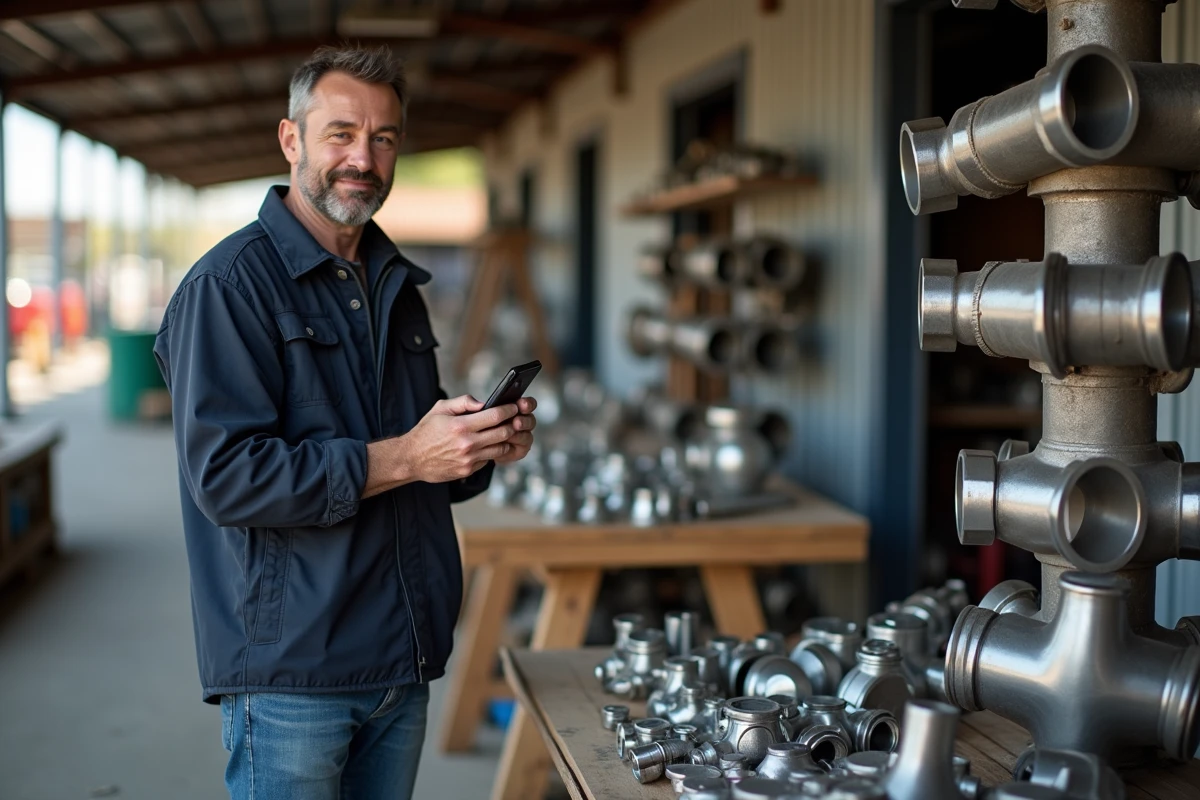 Homme comparant les prix de l'inox sur son téléphone devant un étal de raccords en acier inoxydable au marché