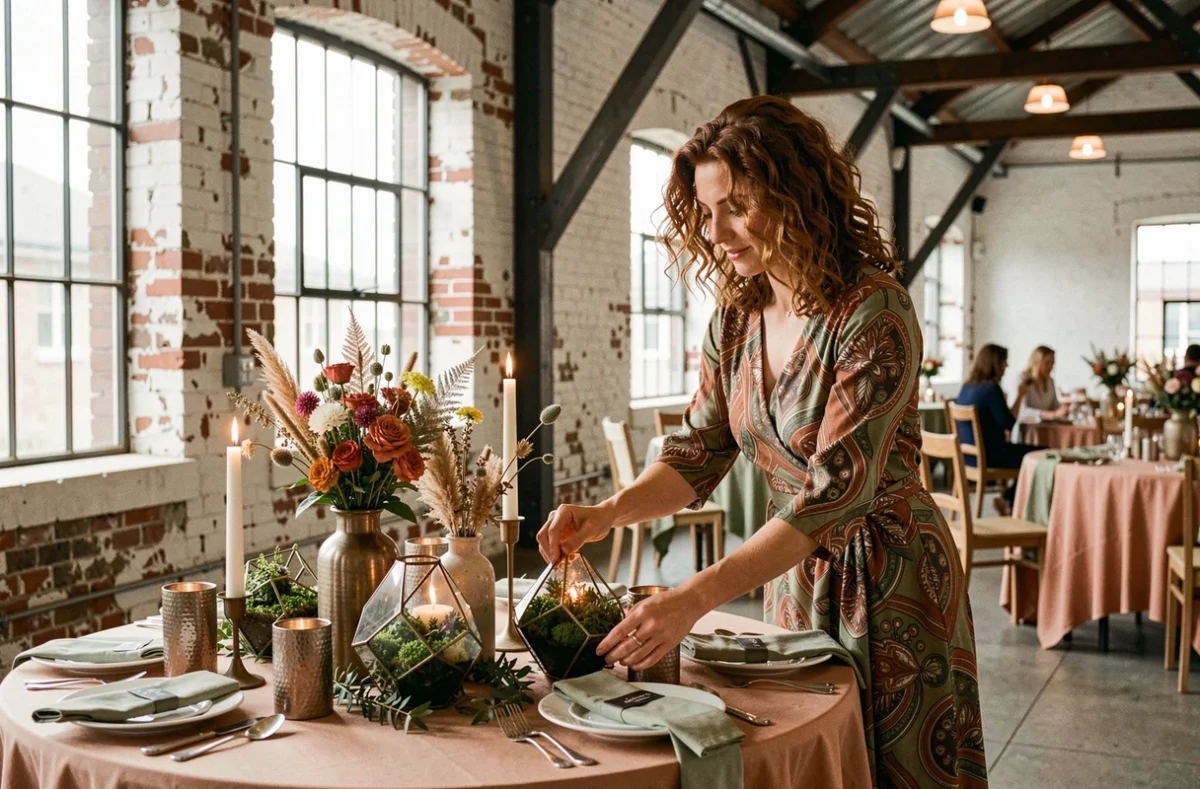 Designer événementielle de Concept Événement Nantes arrangeant des décorations florales dans un loft industriel nantais