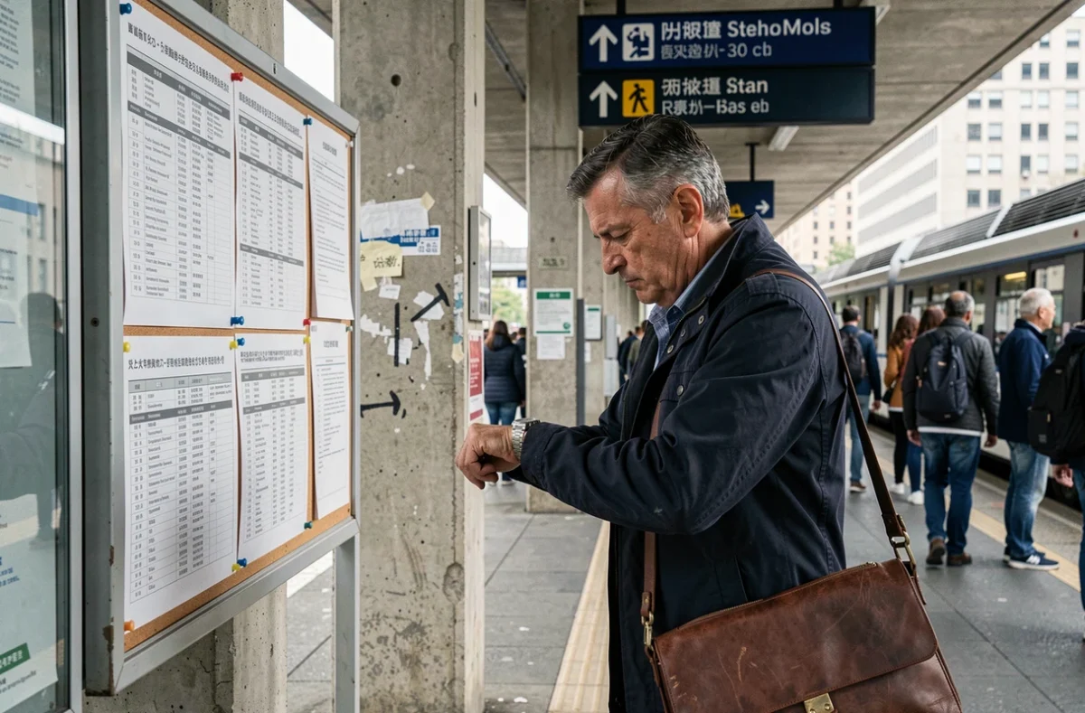 Homme consultant les horaires affichés à un arrêt de bus en cas de suppression de la ligne 235