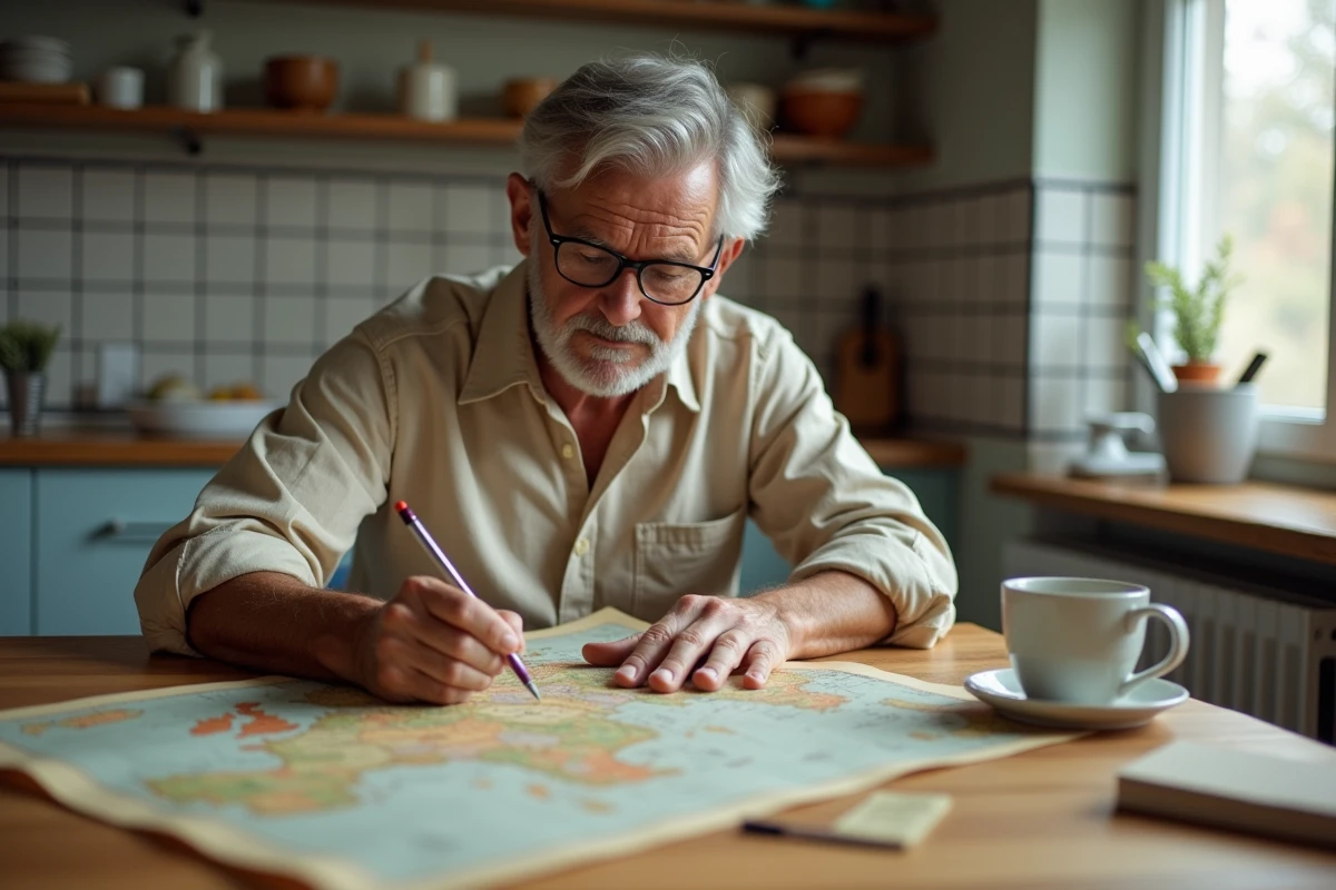 Homme calculant mentalement des conversions kilomètres-miles sur une carte papier avec un carnet de notes à la main