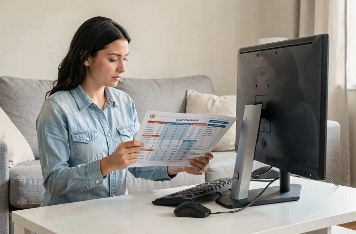 Femme comparant un tableau de conversion pouces en centimètres devant un écran d'ordinateur 19 pouces