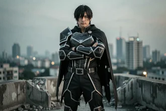 Cosplayeur incarnant Black Goku en tenue noire et argentée sur un toit urbain, posture dramatique et atmosphère crépusculaire