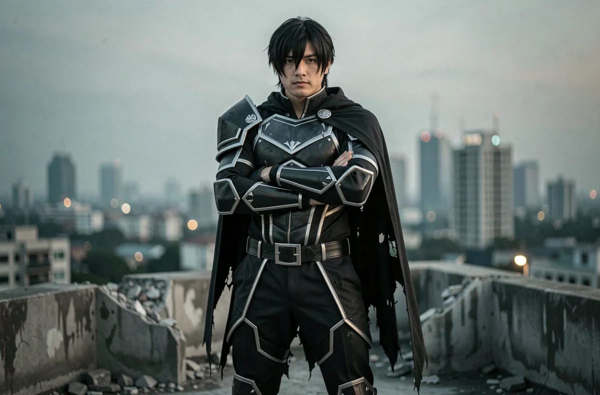 Cosplayeur incarnant Black Goku en tenue noire et argentée sur un toit urbain, posture dramatique et atmosphère crépusculaire