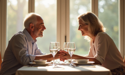 Couple mature échangeant des regards amoureux lors d'un dîner élégant